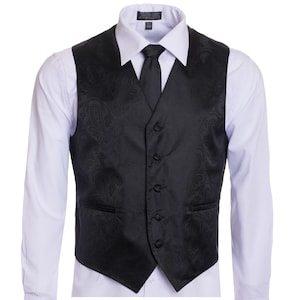 Men&#39;s Premium Black Paisley Vest - NeckTie – Bow Tie - Pocket Square 4 Piece Set for Suits & Tuxedos