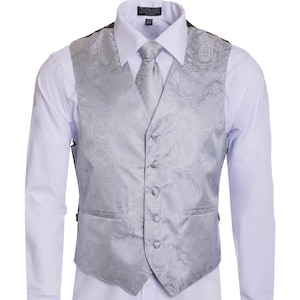 Men&#39;s Premium Silver-Light Gray Paisley Vest - NeckTie – Bow Tie - Pocket Square 4 Piece Set for Suits & Tuxedos