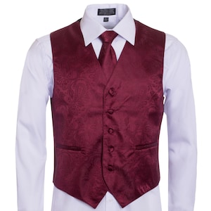 Men&#39;s Premium Burgundy-Maroon Paisley Vest - NeckTie – Bow Tie - Pocket Square 4 Piece Set for Suits & Tuxedos