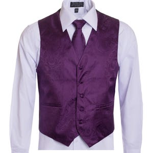 Men&#39;s Premium Plum-Dahlia-Eggplant Paisley Vest - NeckTie – Bow Tie - Pocket Square 4 Piece Set for Suits & Tuxedos