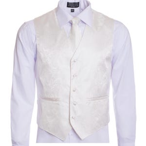 Men&#39;s Premium Off White-Ivory Paisley Vest - NeckTie – Bow Tie - Pocket Square 4 Piece Set for Suits & Tuxedos