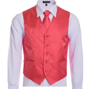 Men&#39;s Premium Coral-Salmon Paisley Vest - NeckTie – Bow Tie - Pocket Square 4 Piece Set for Suits & Tuxedos