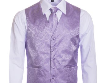 Men's Lavender Lilac Paisley Vest Set – 4 Piece Vest, Tie, Bow Tie & Pocket Square | Wedding Groom Groomsmen Suit Tuxedo Vest | Prom Vest