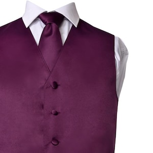 Men&#39;s Premium Eggplant-Plum-Dahlia Solid Vest - NeckTie – Bow Tie - Pocket Square 4 Piece Set for Suits & Tuxedos