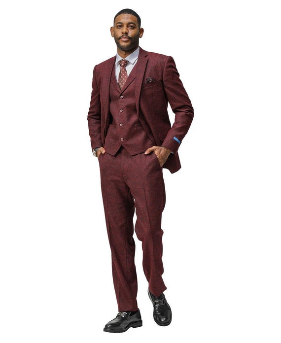 Men's Tweed 3-Piece Suit - Burgundy Modern Fit Wedding & Formal Two-Button Suit