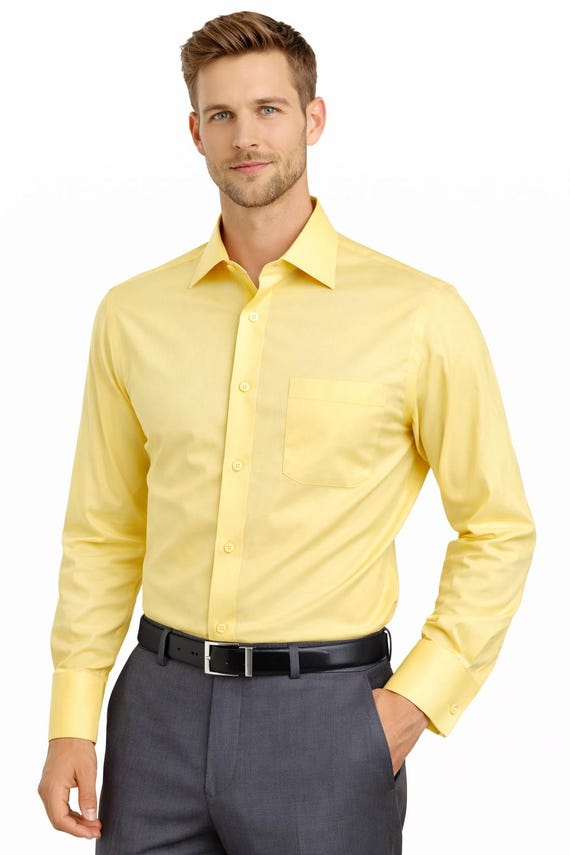 Men's Light Yellow Convertible Cuff Dress Shirt - Lemon Modern Fit Wedding & Spring Formal Shirt for Men