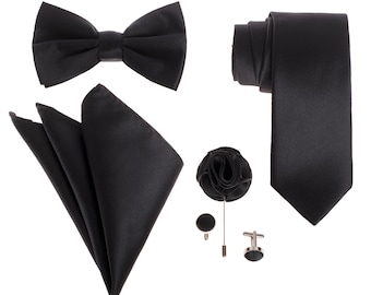 Black Groomsmen Gift Set – 5 Piece Tie Bow Tie Pocket Square Cufflinks & Lapel Pin – Classic Black Tie Tuxedo Accessories for Men