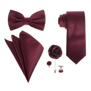 Men's Premium Burgundy-Maroon Necktie Bow Tie Pocket Square Lapel Pin Cufflinks Gift Set For Suits & Tuxedos