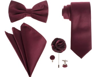 Burgundy Groomsmen Gift Set – 5 Piece Tie Bow Tie Pocket Square Cufflinks & Lapel Pin – Maroon Wedding Tuxedo Accessories for Men