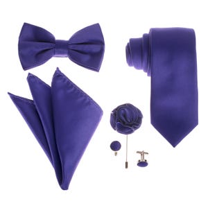 Men's Premium Purple  Necktie Bow Tie Pocket Square Lapel Pin Cufflinks Gift Set For Suits & Tuxedos