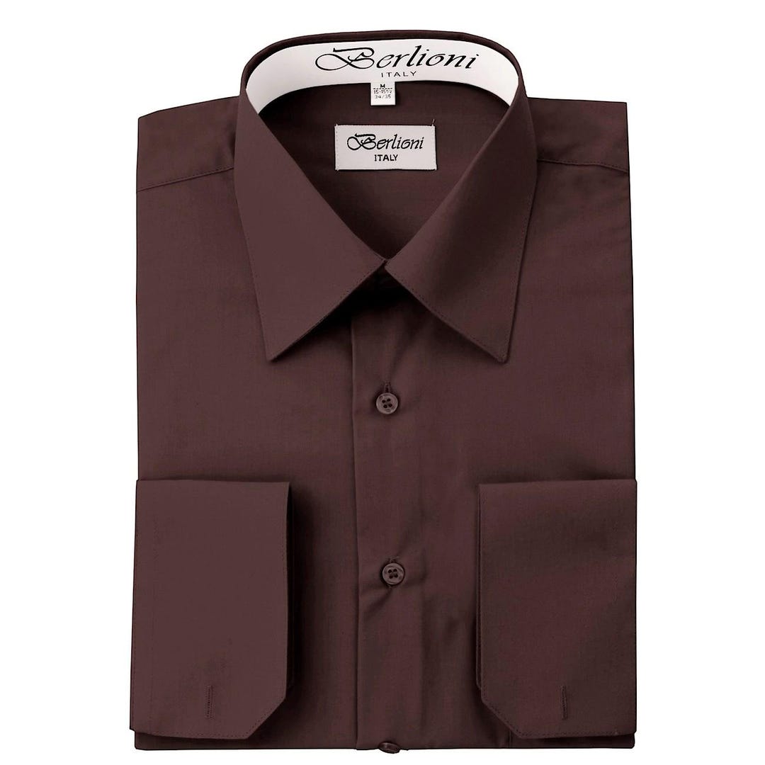 brown dress shirt near me Steven Land Mens Brown 100% Cotton French Cuff Spread Collar Dress Shi –  The Suit Depot