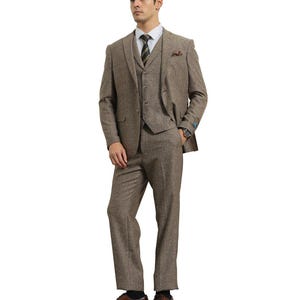 Men&#39;s Premium TWEED Light Brown Modern Fit Three Piece Two Button Suit