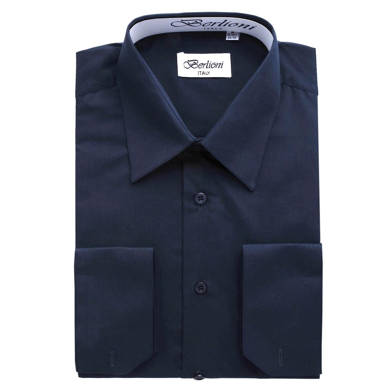 Men's Navy Blue Dress Shirt - Modern Fit Convertible Cuff Shirt for Weddings, Business & Formal Events