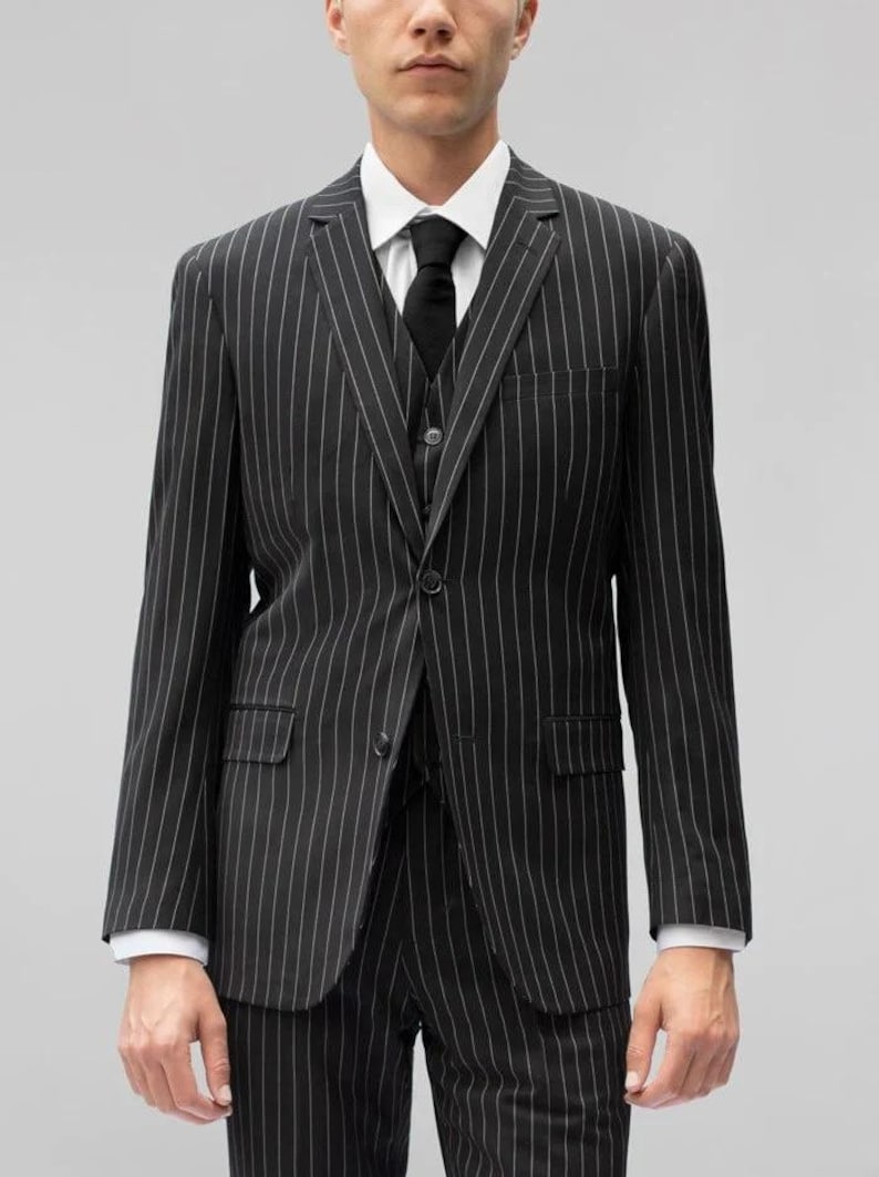 Men's Black Pinstripe 3pc 2 Button Italian Designer Suit Black main image 1