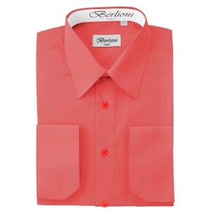 May include: A coral colored dress shirt with a button-down collar and French cuffs. The shirt has a label that reads "Berlioni Italy".