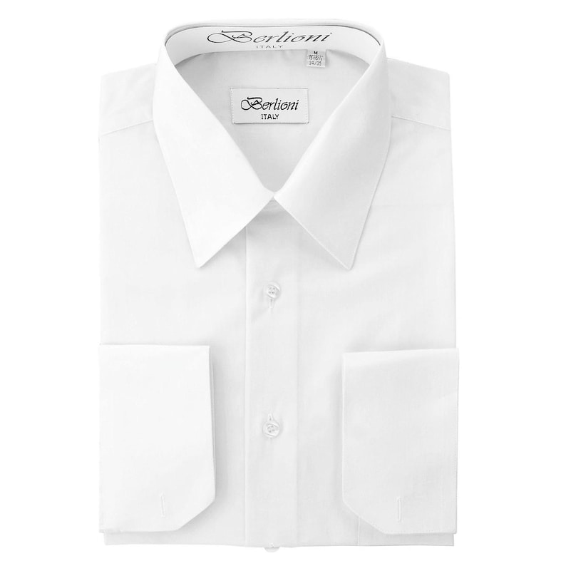 May include: A white dress shirt with a button-down collar and French cuffs. The shirt has a label that reads "Berlioni Italy".