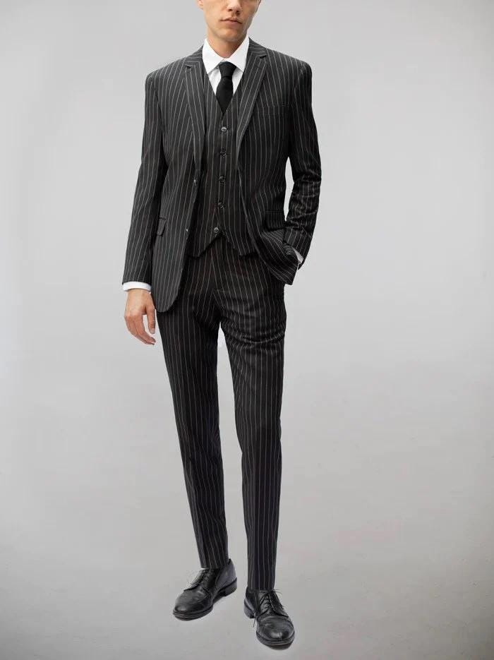 Men's Gray Pinstripe Three Piece Slim Fit Suits main image 0
