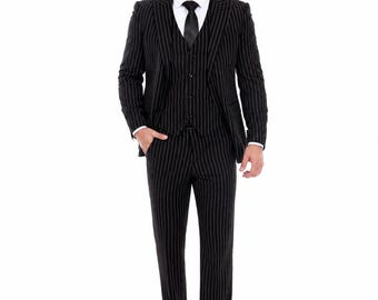 Men’s Black Pinstripe 3 Piece Slim Fit Halloween Suit, Gomez Addams Family Costume