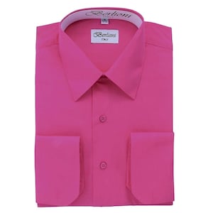May include: A pink dress shirt with a button-down collar and long sleeves. The shirt has a label that says "Berlioni Italy".