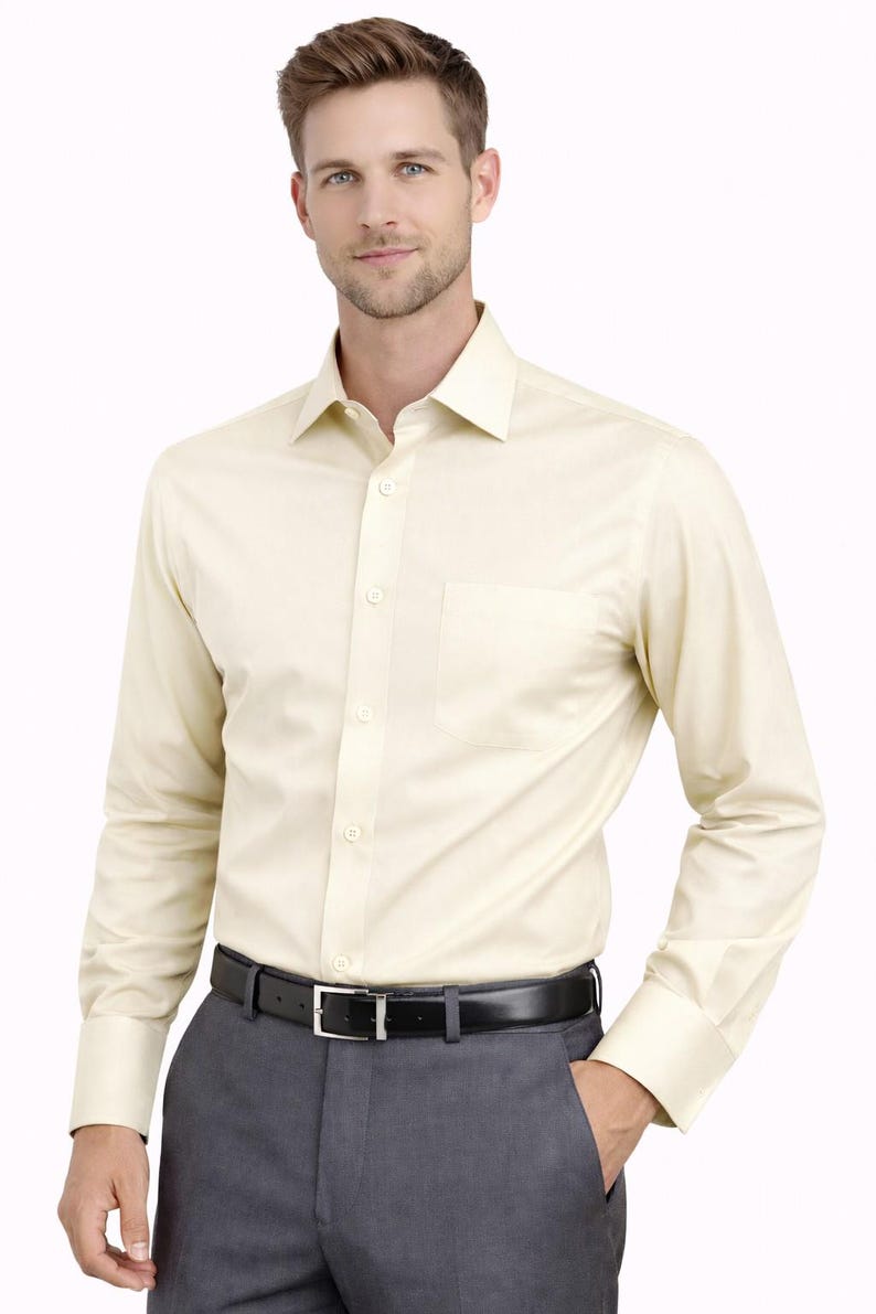 Men's Ivory French Cuff Dress Shirt – Modern Fit Groom & Groomsmen Wedding Shirt – Convertible Cuff Formal Shirt for Men Bild 1