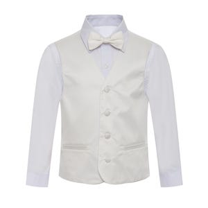May include: A white long-sleeve shirt with a white bow tie and a white vest. The vest has five buttons and two pockets.