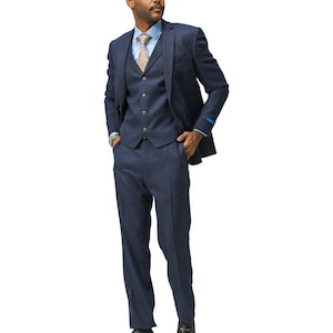 Men&#39;s Premium TWEED Navy Blue Modern Fit Three Piece Two Button Suit