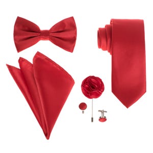 Men's Premium Red Necktie Bow Tie Pocket Square Lapel Pin Cufflinks Gift Set For Suits & Tuxedos