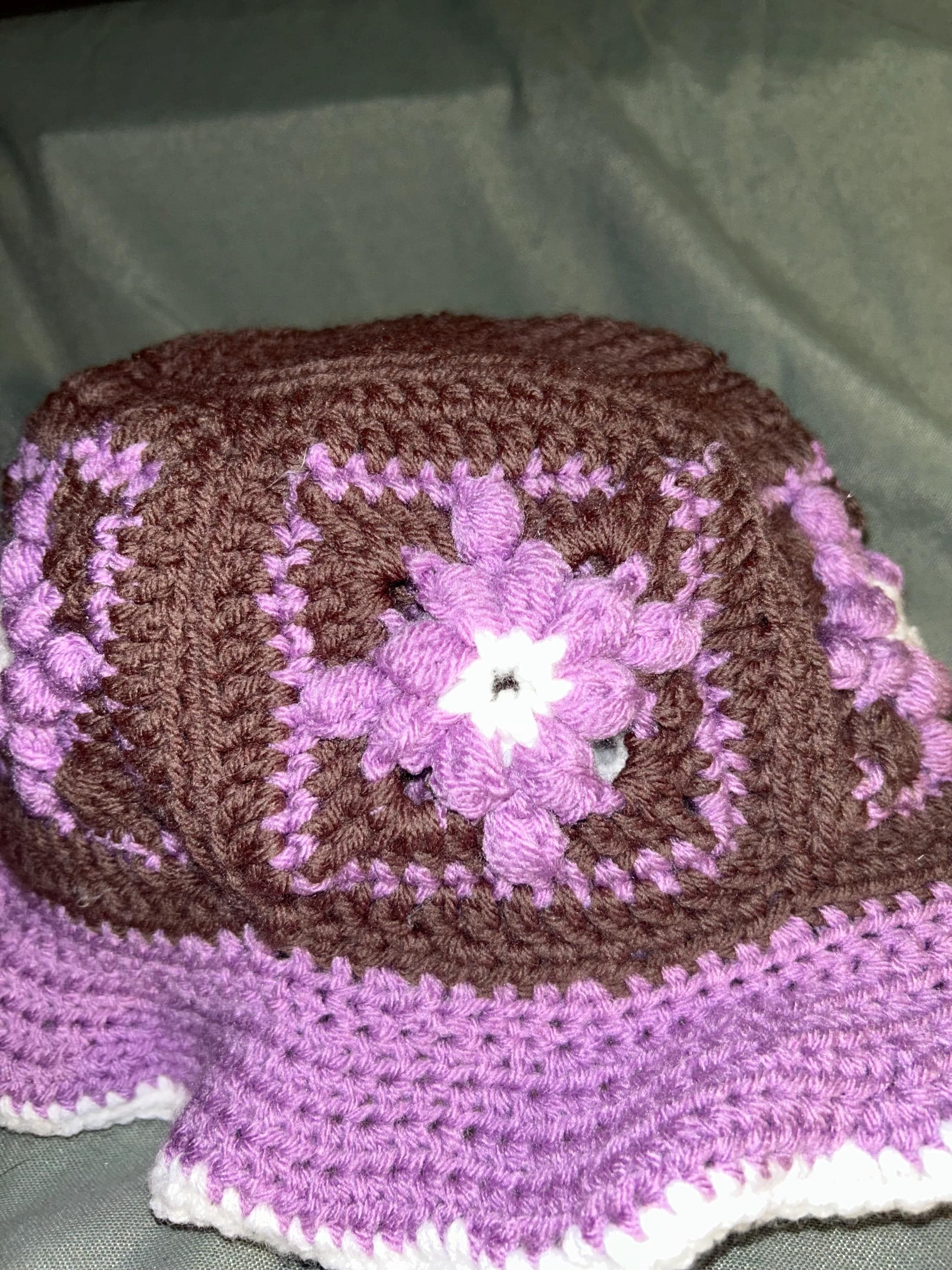 Elegant Brown Crochet Hat with Purple Accents Cream to Brown Ombré Big Ruffle Handmade Crochet Bucket Hat  main image 4