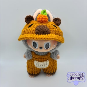 Crocheted Capybara Outfit for Labubu Macaron and Big Into Energy Doll - Handmade Overalls and Hat