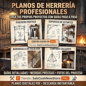 Peut inclure: Une collection numérique de plans de ferronnerie professionnels intitulée PLANOS DE HERRERÍA PROFESIONALES. Elle comprend des guides étape par étape pour un porte-manteau rustique, des supports d'étagères, une rampe d'escalier et une lampe suspendue.
