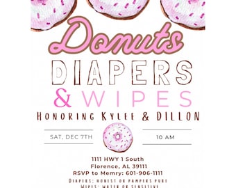 Invitación para baby shower o fiesta de pañales, donas y toallitas, color rosa/niña