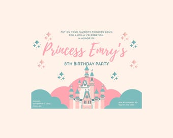 Invitación para fiesta de cumpleaños con castillo de princesa en rosa y verde azulado
