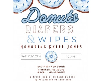 Invitación para baby shower o fiesta de bienvenida del bebé con temática de pañales, donas y toallitas húmedas.