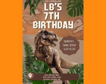 Invitación realista para fiesta de cumpleaños con diseño de dinosaurio TREX