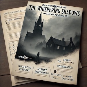 Op de afbeelding: Een zwart-witte illustratie van een griezelige kerk en een huis met een figuur die in de mist loopt. De tekst "Dungeons & Dragons The Whispering Shadows One-Shot Adventure" staat bovenaan de afbeelding. De tekst "Whispering Shadows Mystery Investigations Cheaturlls Unique Shadowe Encounters" staat onderaan de afbeelding.