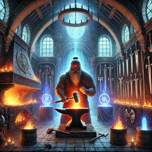 Puede incluir: Un herrero barbudo se encuentra en una fragua tenuemente iluminada, blandiendo un martillo sobre un yunque incandescente. La fragua está llena de espadas y otras armas, y las paredes están llenas de herramientas y equipo. El herrero está rodeado de un aura mágica, y el aire está lleno del sonido del martilleo.