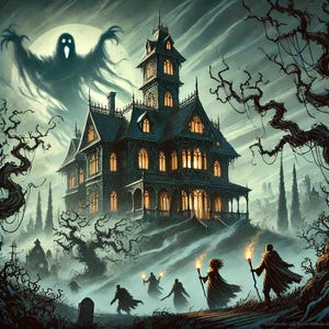 May include: A spooky, dark, and mysterious Victorian-style house with a ghostly figure hovering above it. The house has many windows with glowing lights inside. The house is surrounded by bare trees and a graveyard.  Five figures are walking towards the house with torches in their hands.