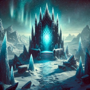May include: A large, dark, gothic-style castle with a glowing blue doorway stands in a frozen, icy landscape. The castle is surrounded by tall, jagged ice formations and the sky is filled with swirling, blue aurora borealis.