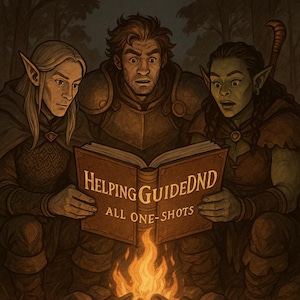 Può includere: Illustrazione di tre personaggi fantasy riuniti attorno a un falò, che leggono un libro intitolato "Helping Guided DND: All One-Shots". I personaggi, un elfo, un umano e un orco, mostrano espressioni di sorpresa. L'opera d'arte ha una calda tavolozza di colori.