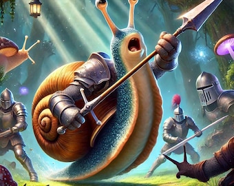 Puede incluir: Un caracol azul y marrón con armadura y sosteniendo una lanza, cargando hacia un grupo de caballeros en un entorno de bosque.