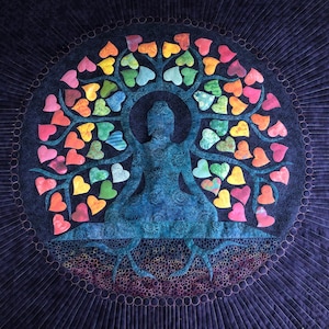 May include: A colorful quilt depicting a tree of hearts with a meditating figure at its center. The tree is surrounded by a circle of hearts in shades of red, orange, yellow, green, blue, and purple. The figure is sitting in a lotus position with its hands resting on its lap. The quilt is made of fabric and is quilted with a variety of stitches.