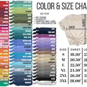 May include: Colour and size chart for a t-shirt with a variety of colours and sizes. The chart shows the chest and length measurements in inches for each size. The sizes are S, M, L, XL, 2XL, and 3XL.