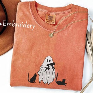Embroidered Ghost Cats Halloween Shirt, Halloween Ghost Cats Tshirt, Embroidered Cat Ghost Comfort Colors Shirts, Bats and Cats Ghost Tee