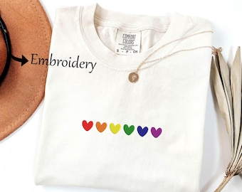 Embroidered Rainbow Love Is Love Heart Shirt, Embroidered LGBTQ+ Shirt, Embroidered Pride Shirt, Gay, Transgender Tee, Human Rights