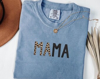 Embroidered Leopard Mama Shirt - Mama Embroidered Tshirt, Mothers Day Gift, Pregnancy Reveal Shirt,Leopard Print Shirt, Leopard Shirt