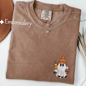 Embroidered Comfort Colors® Сute Ghost Coffee Shirt, Сute Little Ghost Iced Coffee T-shirt, Ghost Coffee Shirt, Halloween Coffee Lovers