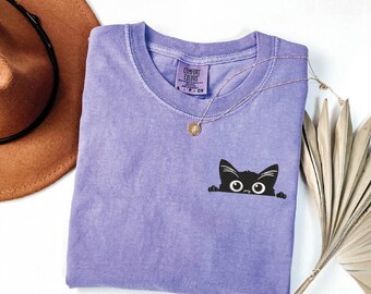 Embroidered Black Cat Pocket Shirt, Cute Black Cat Shirt, Cat Owner Gift, Cat Lover Gift Tee, Mothers Day Gift, Funny Cat Mom Gift Shirt