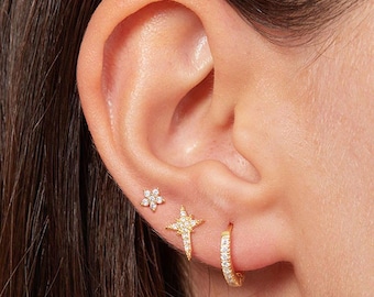 Dainty Sterling Silver Earrings Set – Flower Stud Earring, North Star Earring & Huggie Hoop, Minimalist Stud Earrings, Jewelry Gift for Her