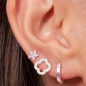 Dainty Sterling Silver Earrings Set – Flower Stud Earring, Clover Stud Earring & Huggie Hoop, Minimalist Stud Earrings, Jewelry Gift for Her