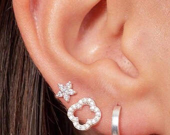 Dainty Sterling Silver Earrings Set – Flower Stud Earring, Clover Stud Earring & Huggie Hoop, Minimalist Stud Earrings, Jewelry Gift for Her